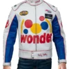 Ricky Bobby Wonder Racing Jacket Front View – White leather with blue sleeves, Wonder Bread logo, and racing patches.