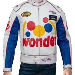 Ricky Bobby Wonder Racing Jacket Front View – White leather with blue sleeves, Wonder Bread logo, and racing patches.