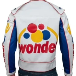Ricky Bobby Wonder Racing Jacket Back View – White leather with Wonder Bread logo and blue sleeves.