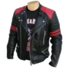 Rodger’s Red and Black Biker Jacket front view showcasing bold red accents on the shoulders and sleeves, with an asymmetrical zipper and multiple zippered pockets.