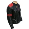 Rodger’s Red and Black Biker Jacket side view highlighting quilted shoulders, dual red sleeve stripes, and zippered detailing.