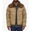 Rohan Mirchandaney La Brea Jacket front view featuring a two-tone brown puffer design with a button-up closure.