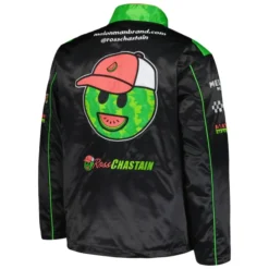 Back view of the Ross Chastain Checkered Melon Man Racing Jacket, featuring a large watermelon emoji graphic with a cap, "@rosschastain" branding, and neon green detailing.