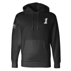 Front view of the Ross Chastain Moose Fraternity Hoodie, featuring a simple black design with the number 1 and sleeve logo details.