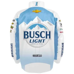 Back view of the Ross Chastain Trackhouse Racing Team Jacket with a large Busch Light logo and mountain design.