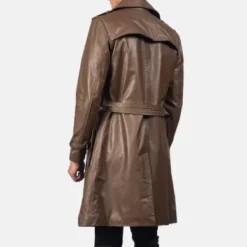 Royson Brown Leather Duster Coat back view with a stylish back yoke and belted waist.