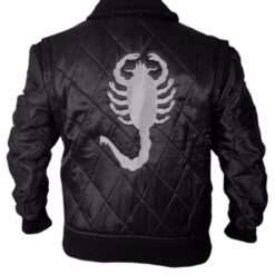 Black quilted bomber jacket featuring a silver embroidered scorpion on the back, inspired by Drive.