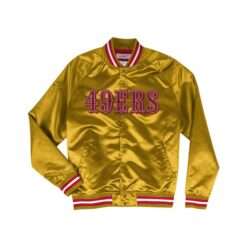 San Francisco 49ers Lightweight Satin Jacket - Front View in Gold with Red and White Trim