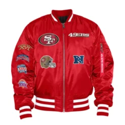 San Francisco 49ers X Alpha X New Era MA-1 Bomber Jacket Front View – Red jacket with embroidered team logos and Super Bowl patches.