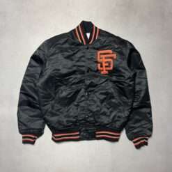 San Francisco Giants Vintage Jacket front view, featuring a black satin finish with an embroidered SF logo in orange on the chest.