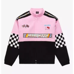 A pink and black Hello Kitty racing jacket with checkered sleeves, embroidered details, and racing-inspired patches on the front.