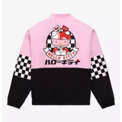 The back view of a pink and black Hello Kitty racing jacket featuring an embroidered Hello Kitty racer emblem and bold checkered accents.