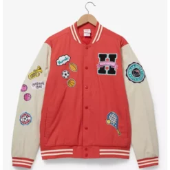 A red and beige varsity jacket with Sanrio Hello Kitty and Friends sports-themed patches on the front. Features include a large "H" patch, sports-related embroidery, and a button-up closure.