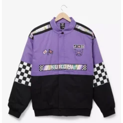 Front view of the Sanrio Kuromi Checkered Racing Jacket featuring a purple and black color scheme, checkered sleeve details, and Kuromi-themed patches and graphics.