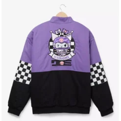 Back view of the Sanrio Kuromi Checkered Racing Jacket displaying a large embroidered Kuromi design with a racing helmet, checkered flag details, and gothic-inspired text.