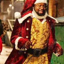 A luxurious Santa Claus coat in deep red velvet with white fur trim, gold buttons, and an intricate gold brocade vest underneath.
