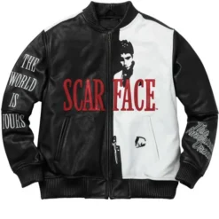 Front view of Scarface Tony Montana Bomber Leather Jacket featuring a black and white split design, red 'SCARFACE' text, and an iconic Tony Montana silhouette.