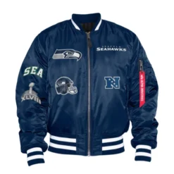 Front view of the Seattle Seahawks X Alpha X New Era MA-1 Bomber Jacket, featuring embroidered Seahawks logos and patches on a navy satin finish.