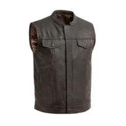 Sharp Shooter Men's Motorcycle Leather Brown Vest front view, featuring a rugged brown leather design with chest pockets and a snap-button closure.