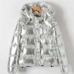 Shiny silver down jacket with a hood, front button closure, and quilted design.