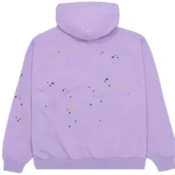 Sp5der Acai Purple Hoodie back view with scattered multicolored stars on a solid lavender base.