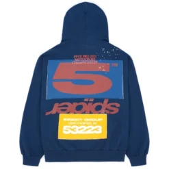 Sp5der Adult Navy Hoodie back view with large graphic print and text elements.