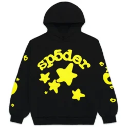 Sp5der Beluga Black Hoodie front view with bold yellow star graphics and "Sp5der" text.