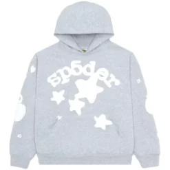 Sp5der Beluga Heather Grey Hoodie front view with white star graphics and Sp5der branding.