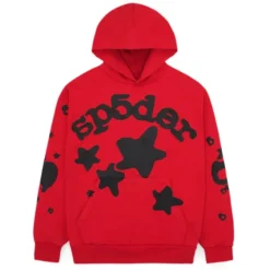Sp5der Beluga Red Hoodie front view featuring bold black star graphics and Sp5der branding.