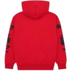 Sp5der Beluga Red Hoodie back view with minimal design and black graphic details on sleeves.