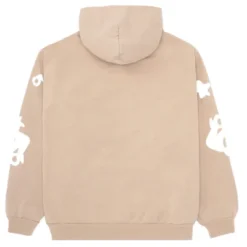 Sp5der Beluga Sand Hoodie back view with minimal design and white graphic elements on the sleeves.