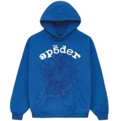 Sp5der Legacy Blue Hoodie with white logo and spiderweb graphic.