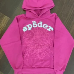 Pink Sp5der Legacy Rhinestone Hoodie featuring a sparkling rhinestone "Sp5der" logo and an embossed spiderweb design on the front.
