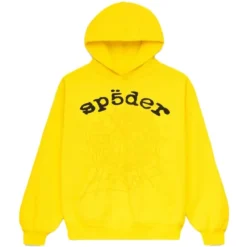 Bright yellow Sp5der Legacy Hoodie featuring a black "Sp5der" logo and an embossed spiderweb design on the front.