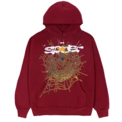 Sp5der Logo Maroon Hoodie front view with gold web graphic and rhinestone logo.