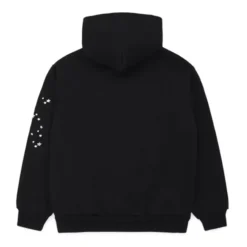 Solid black Sp5der OG Web Hoodie with small white star details on the sleeve.