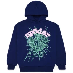 Sp5der OG Web Navy Hoodie featuring a neon green web design with pink 'Sp5der' text on the chest.