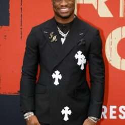 Jalen Milroe 2025 NFL Draft Red Carpet Chrome Hearts Former Alabama Quarterback Black Blazer, a stylish black blazer worn by Jalen Milroe at the 2025 NFL Draft red carpet event.