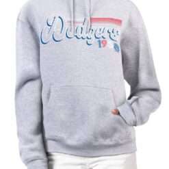 A grey pullover hoodie featuring the Los Angeles Dodgers logo, offering a casual, comfortable look with a sporty vibe perfect for fans of the team.