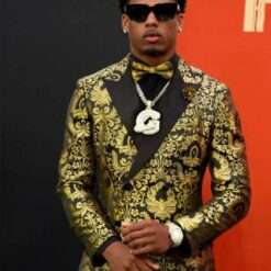 Matthew Golden 2025 NFL Draft Red Carpet Green Bay Packers Green Bay Wisconsin April 24 Black Ornate Gold Blazer, an elegant black blazer with gold detailing worn by Matthew Golden.