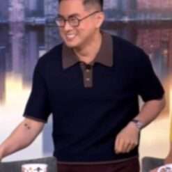 The View 24 April 2025 Bowen Yang’s Double Contrast Knitted Collar Polo Shirt, a unique and stylish polo shirt with contrasting details worn by Bowen Yang.