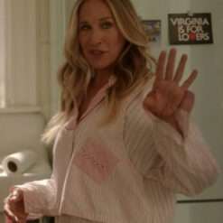 Sarah Jessica Parker in striped pajama set from And Just Like That – relaxed-fit sleepwear with classic stripe pattern, button-up top, and matching pants.
