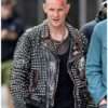 Matt Smith wearing a studded leather jacket from Caught Stealing 2025 – edgy men's jacket featuring metal stud embellishments, classic biker style, and sleek black leather.