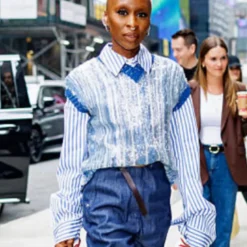 Striped shirt worn by Cynthia Erivo in NYC 2025, featuring vertical stripes, a tailored fit, and a chic, modern style.