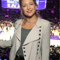 Kate Hudson wears a stylish jacket at a Lakers game, combining casual comfort with sporty flair, featuring the team's iconic colors and a sleek, modern design.