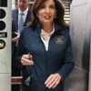 Kathy Hochul sports a sleek track jacket during her 2025 NYC appearance, featuring a modern design with sporty details, reflecting both comfort and style.