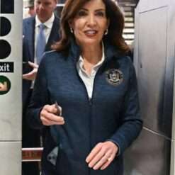 Kathy Hochul sports a sleek track jacket during her 2025 NYC appearance, featuring a modern design with sporty details, reflecting both comfort and style.
