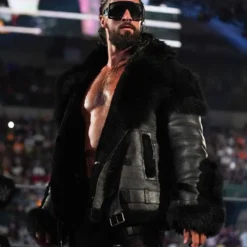 Black leather fur jacket worn by Seth Rollins on Monday Night RAW, featuring a sleek leather exterior, fur-lined collar, and bold, edgy design.