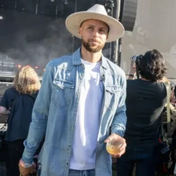 Denim jacket worn by Stephen Curry at BottleRock Napa Valley 2025, featuring a classic blue wash, button-up front, and casual, laid-back style.