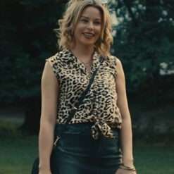 Elizabeth Banks wearing a leopard print sleeveless top from The Better Sister – stylish women's blouse featuring bold animal print and a flattering sleeveless design.
